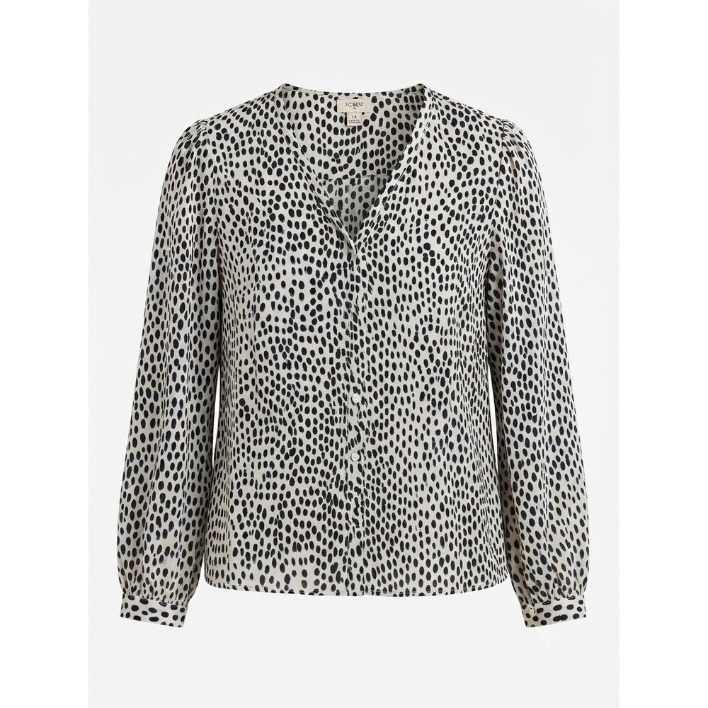 J.Crew Women's Black & White Spot Dot Print V-Neck Long Sleeve Blouse Sz 14